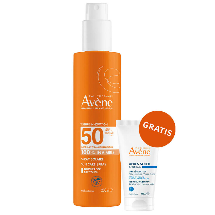 Avene Sun, protezione solare molto alta, spray, SPF 50+, 200 ml + lozione doposole, per adulti e bambini dai 2 anni, 50 ml in omaggio