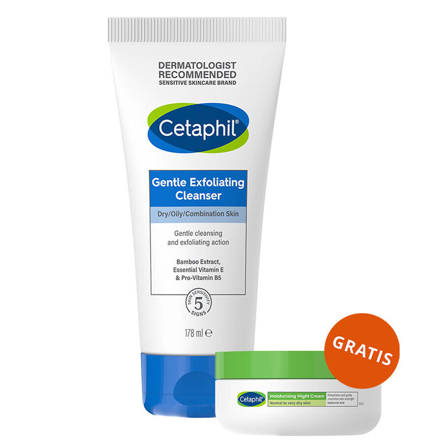Cetaphil, gel limpiador facial suave con exfoliante, 178 ml + crema hidratante facial con ácido hialurónico, noche, 48 ml gratis