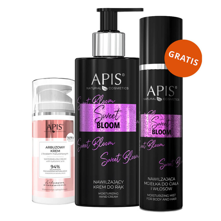 Apis Watermelon Refreshment set, crème à la pastèque avec acide hyaluronique, 100 ml + crème hydratante pour les mains, 300 ml + brume hydratante pour le corps et les cheveux, 150 ml gratuit