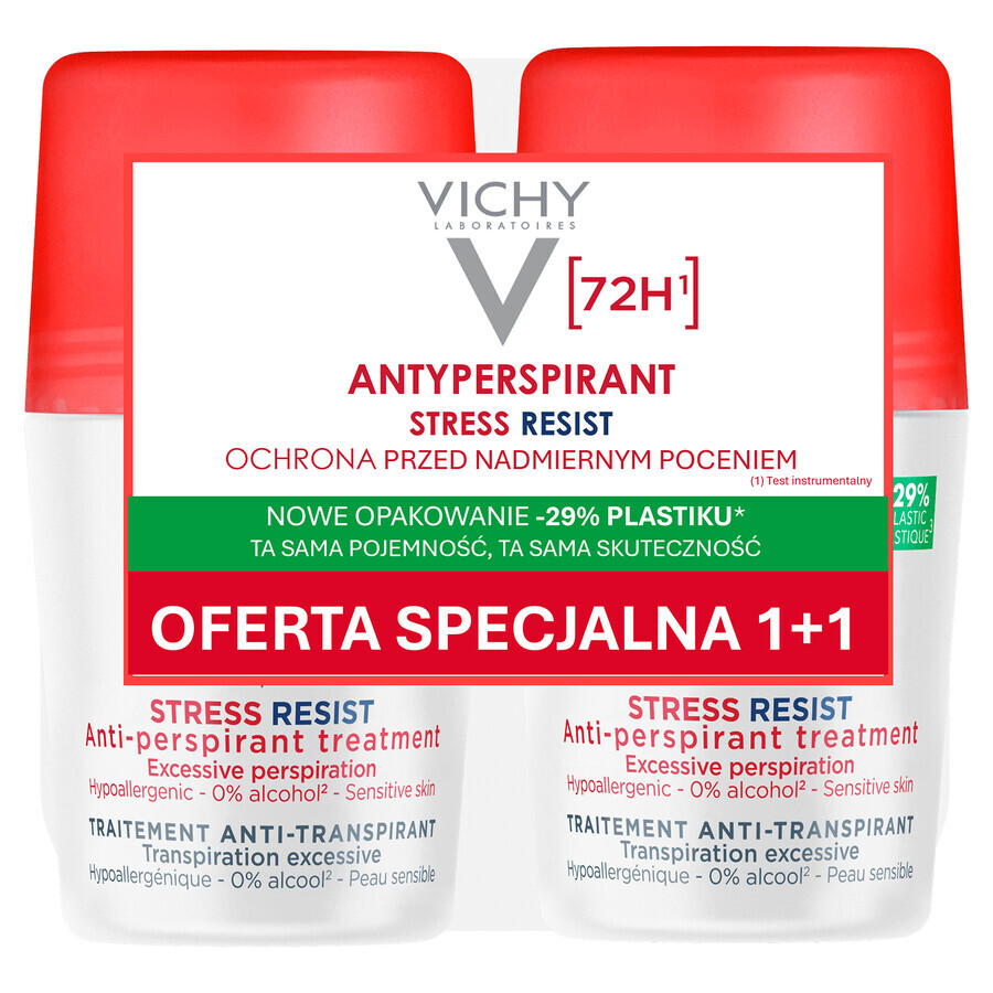 Vichy Stress Resist, roll-on antiperspirant, tratament intensiv împotriva transpirației, 72h, 2 x 50 ml