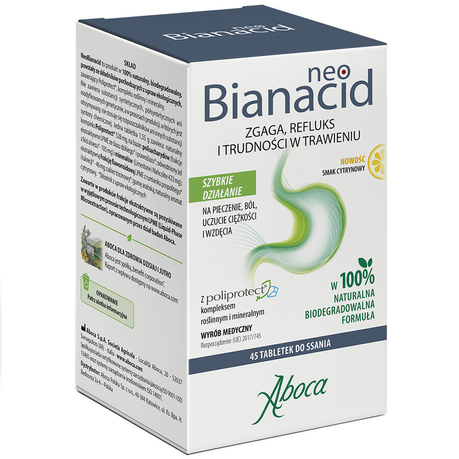 NeoBianacid, bruciore di stomaco, reflusso e difficoltà digestive, gusto limone, 45 pastiglie