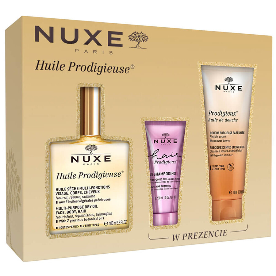 Coffret Nuxe Huile Prodigieuse, huile sèche, 100 ml + shampooing, 30 ml + huile de douche, 100 ml