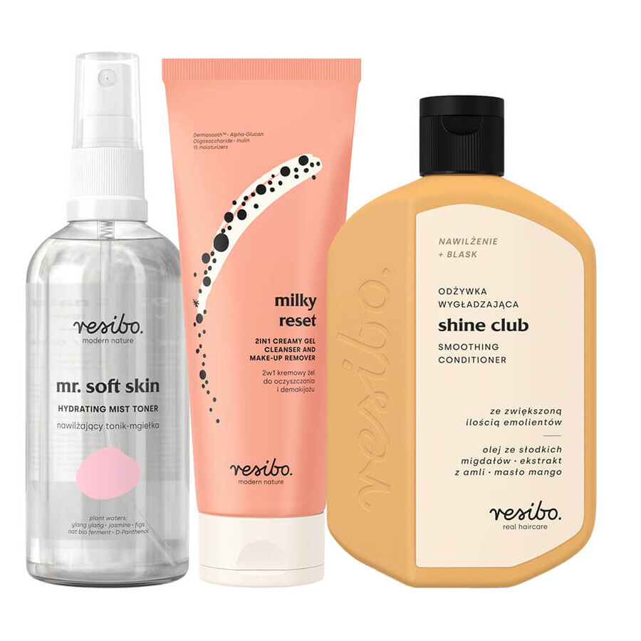 Set Mr Soft Skin di Resibo, tonico-nebbia idratante, 100ml + gel detergente e struccante cremoso, 100ml + balsamo lisciante per capelli, 100ml in omaggio