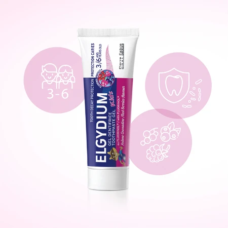 Elgydium Kids Fluorinol, pasta dentífrica anticaries para niños de 3 a 6 años, frambuesa y fresa, 50 ml