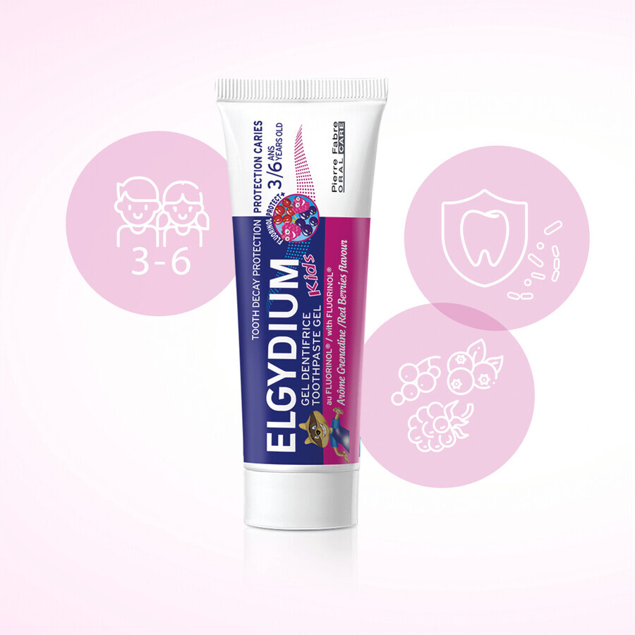 Elgydium Kids Fluorinol, anti-cariës tandpasta voor kinderen van 3-6 jaar, framboos en aardbei, 50 ml