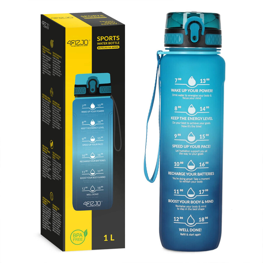 4Fizjo, tritan water bottle, motivational bidon, blue, 1 l