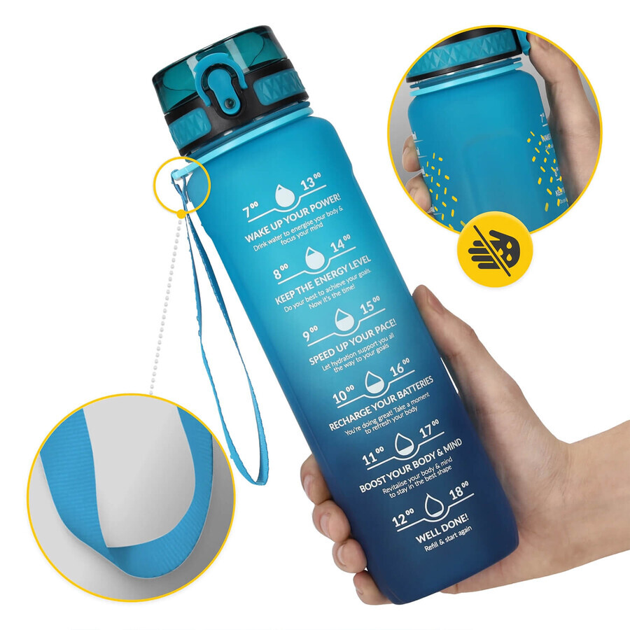 4Fizjo, tritan water bottle, motivational bidon, blue, 1 l