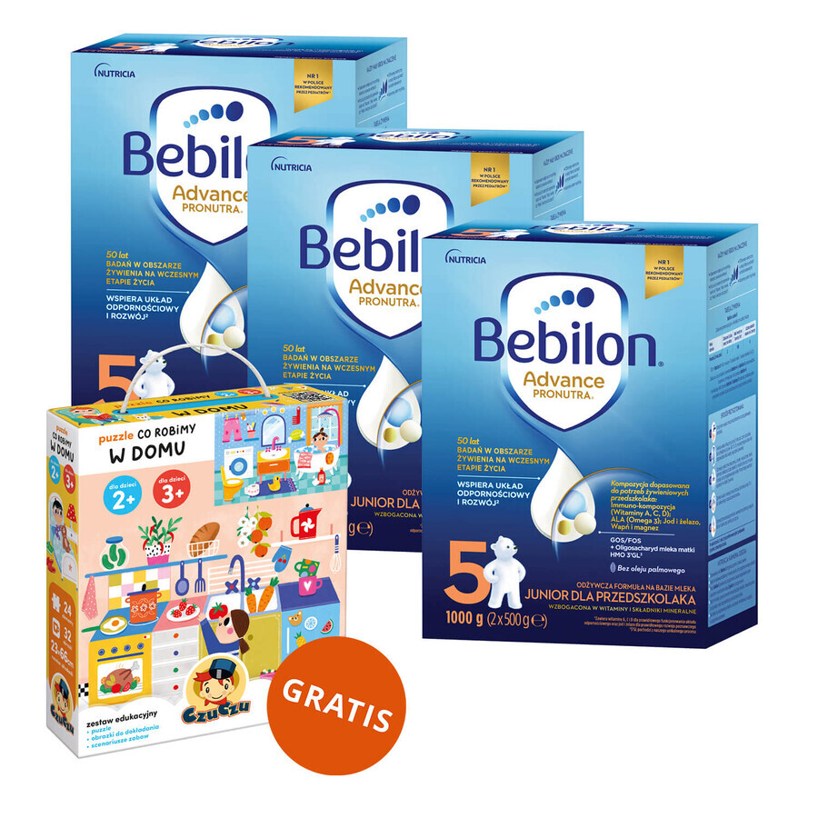 Set Bebilon Advance Pronutra 5 Junior, formula nutriente a base di latte, per bambini in età prescolare, 3 x 1000 g + puzzle CzuCzu Cosa facciamo a casa gratuitamente