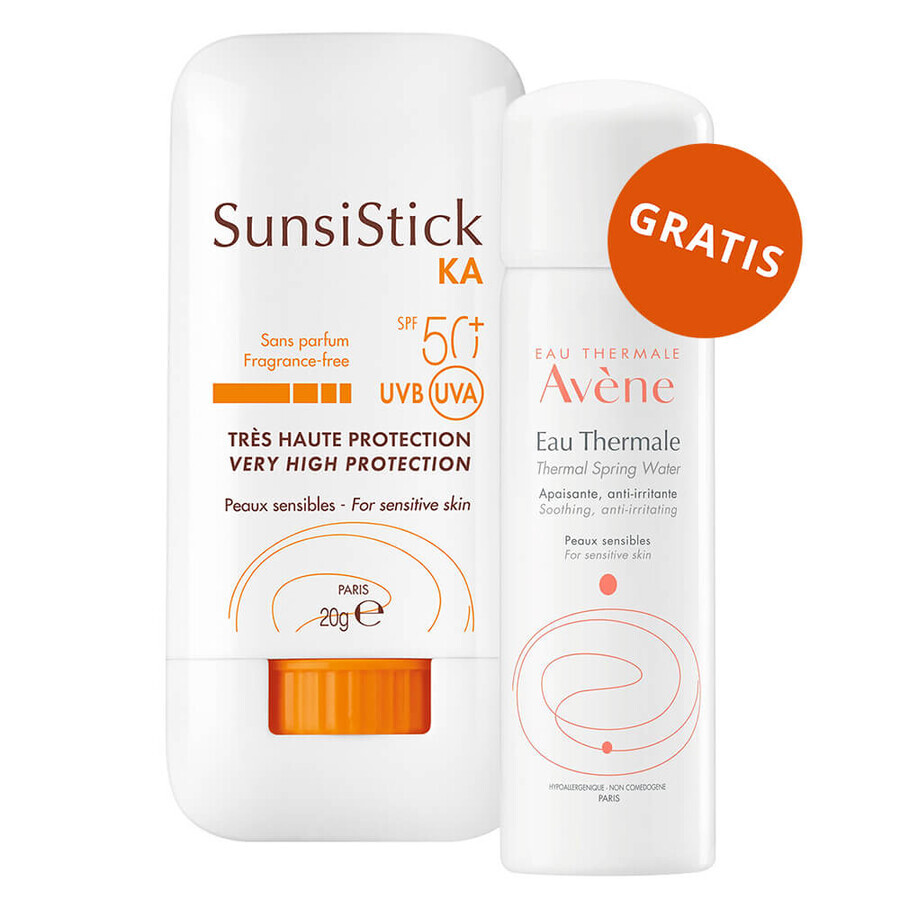Avene SunStick KA, stick protector para rostro y cuerpo, FPS 50+, 20 g + agua termal para rostro y cuerpo, 50 ml gratis
