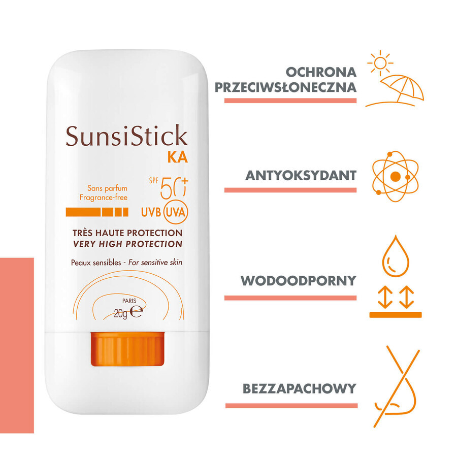 Avene SunStick KA, stick protector para rostro y cuerpo, FPS 50+, 20 g + agua termal para rostro y cuerpo, 50 ml gratis