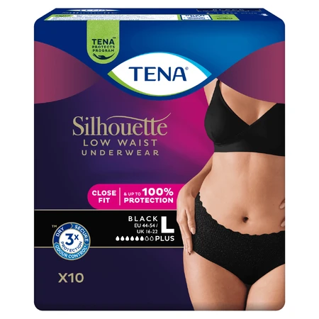 Tena Silhouette Plus Black, culotte absorbante discrète pour femmes, taille L, 10 pièces