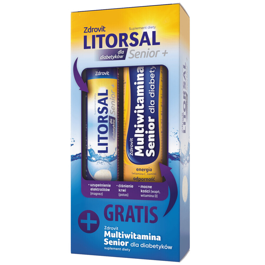 Zdrovit Litorsal Senior+, for diabetics, orange flavor, 20 effervescent tablets + Multivitamin Senior, for diabetics, orange and lemon flavor, 24 effervescent tablets