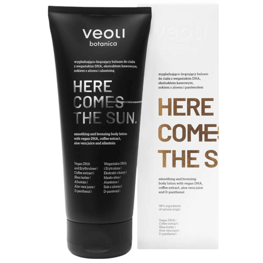 Veoli Botanica Here Comes The Sun, gladmakende en bronzing bodylotion met vegan DHA, koffie-extract, aloë vera sap en panthenol, 200 ml