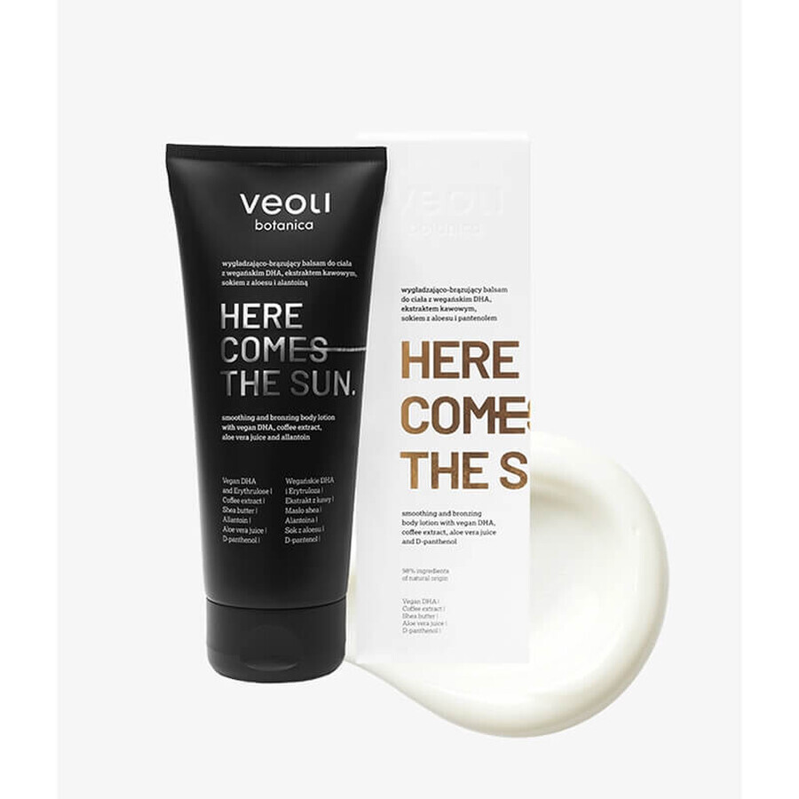 Veoli Botanica Here Comes The Sun, gladmakende en bronzing bodylotion met vegan DHA, koffie-extract, aloë vera sap en panthenol, 200 ml