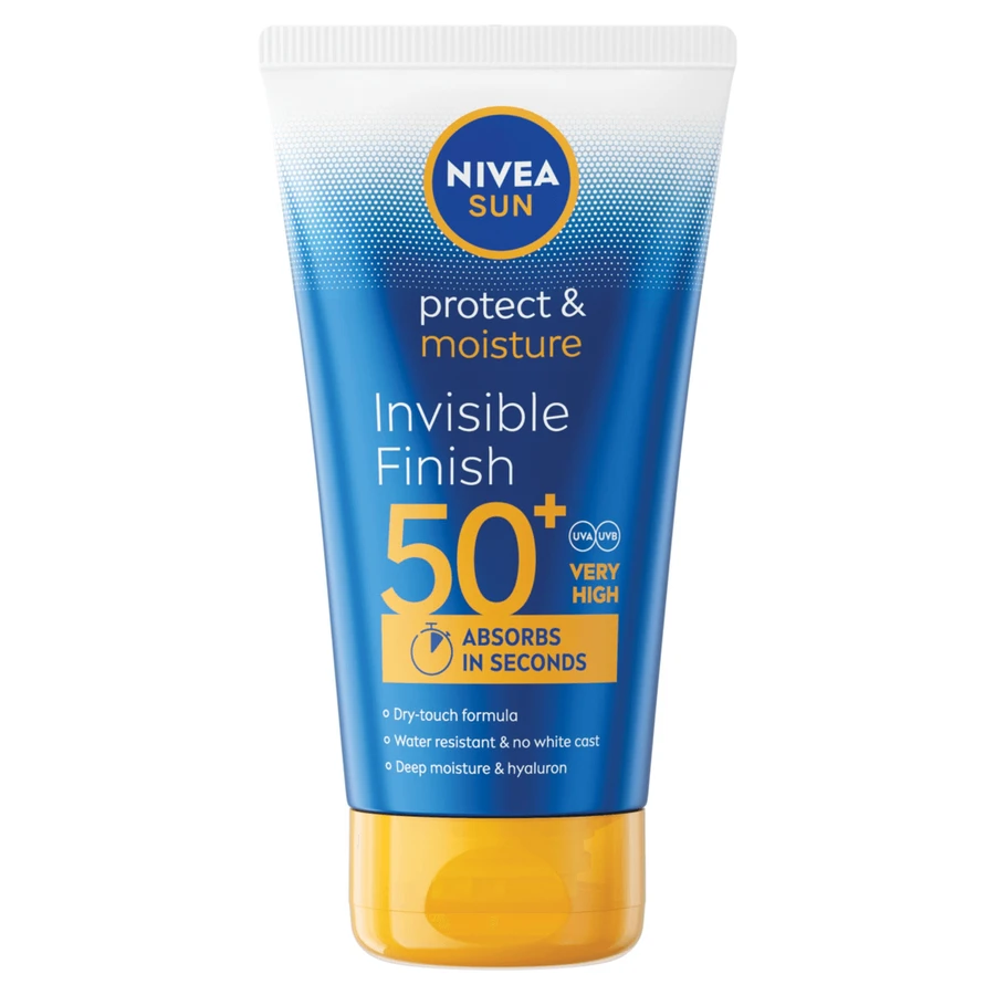 Nivea Sun Invisible Finish set, hydraterende zonnebrandcrème, SPF 50+, 150 ml + after sun verlengende lotion, 200 ml + gratis strandtasje
