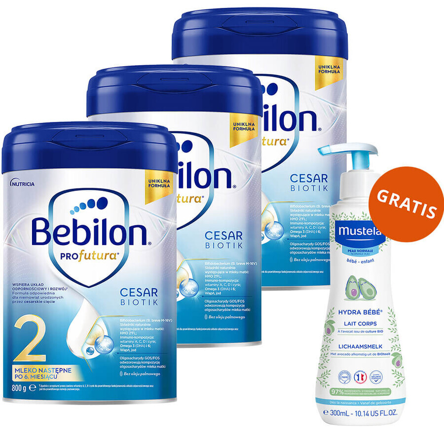Bebilon Profutura CesarBiotik 2, leche de continuación, después de 6 meses, 3 x 800 g + Mustela Bebe Enfant Hydra Bebe, leche corporal, 300 ml gratis