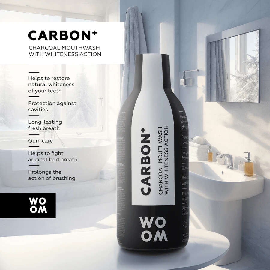 Woom Carbon+, aufhellendes Mundwasser, mit Aktivkohle, 500 ml
