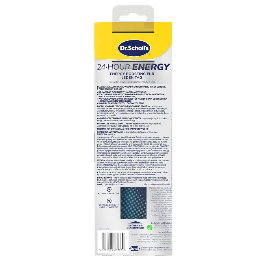Scholl's, semelles intérieures, Energy 24H, taille S 35-40, 2 pièces