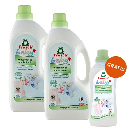 Set Frosch Baby, Konzentrat zum Waschen von Babykleidung, 2 x 1500 ml + Konzentrat zum Ausspülen von Babykleidung, 750 ml gratis
