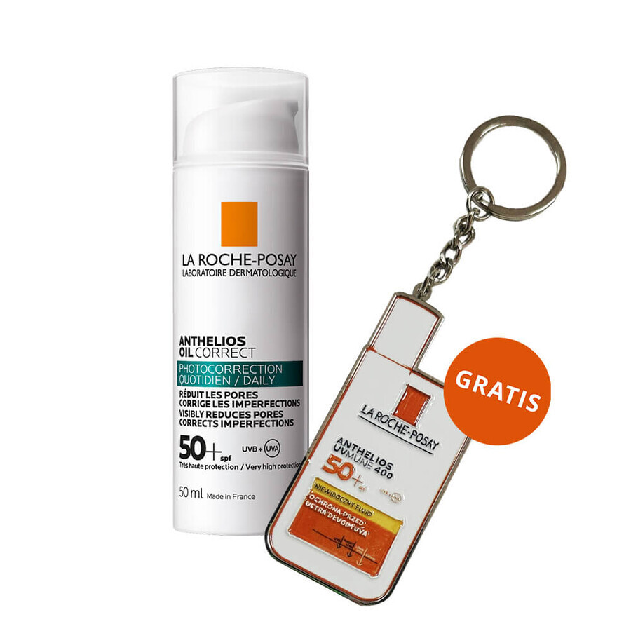 La Roche-Posay Anthelios Oil Correct, cremă de față gel-protectoare, ten sensibil, mixt și gras, SPF 50+, 50 ml + breloc gratuit