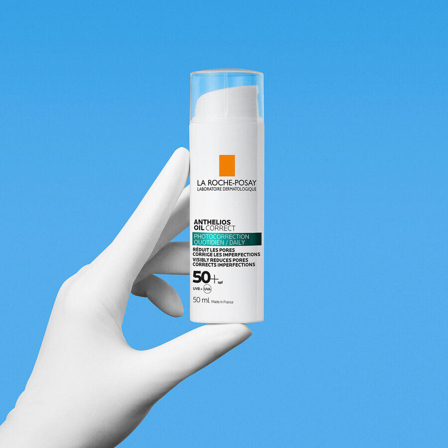 La Roche-Posay Anthelios Oil Correct, cremă de față gel-protectoare, ten sensibil, mixt și gras, SPF 50+, 50 ml + breloc gratuit