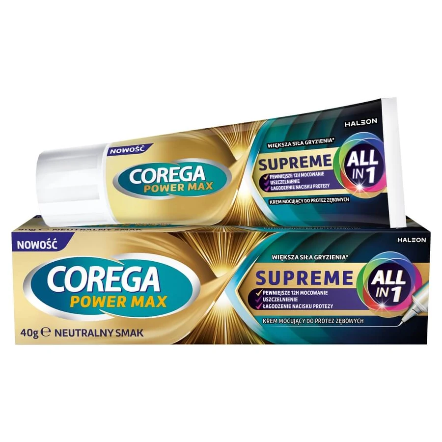 Corega Power Max Supreme All-In 1, crema fijadora para dentaduras postizas, neutro, 40 g