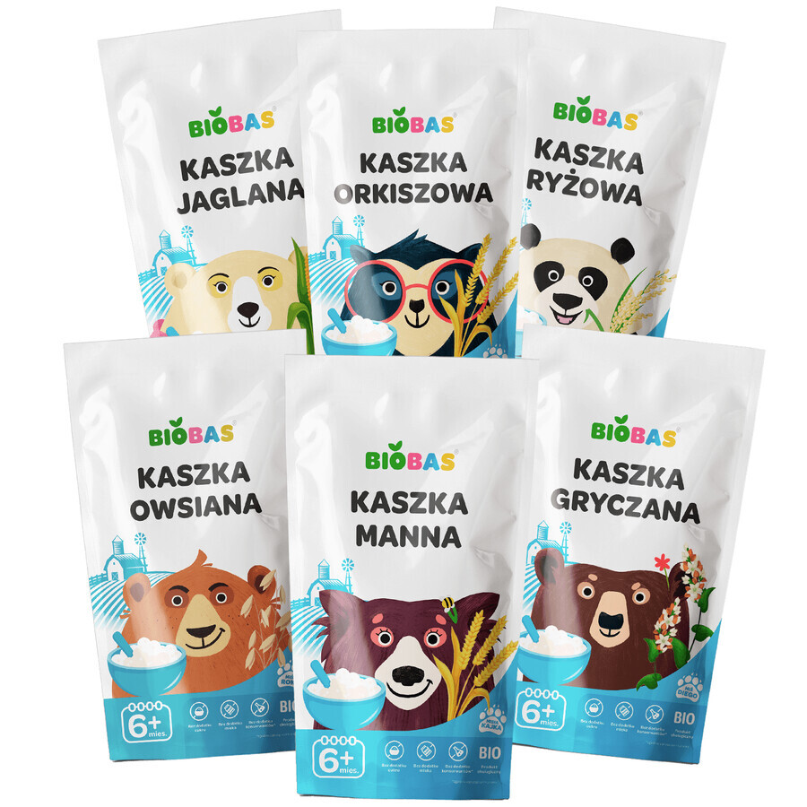 BioBas Bio Porridge Set, Reis, Dinkel, Hirse, Grieß, Haferflocken, mit Malbuch und Aufklebern, ohne Zuckerzusatz, ab 6 Monaten, 6 x 200 g KURZZEZEIT