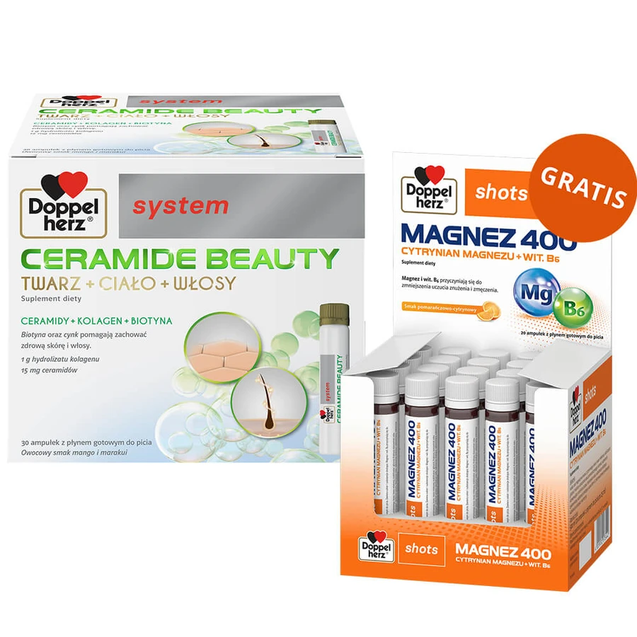 Doppelherz System Ceramide Beauty, arôme de fruits mangue et fruit de la passion, 25 ml x 30 ampoules + Magnésium 400, liquide, arôme orange et citron, 25 ml x 20 ampoules gratuit