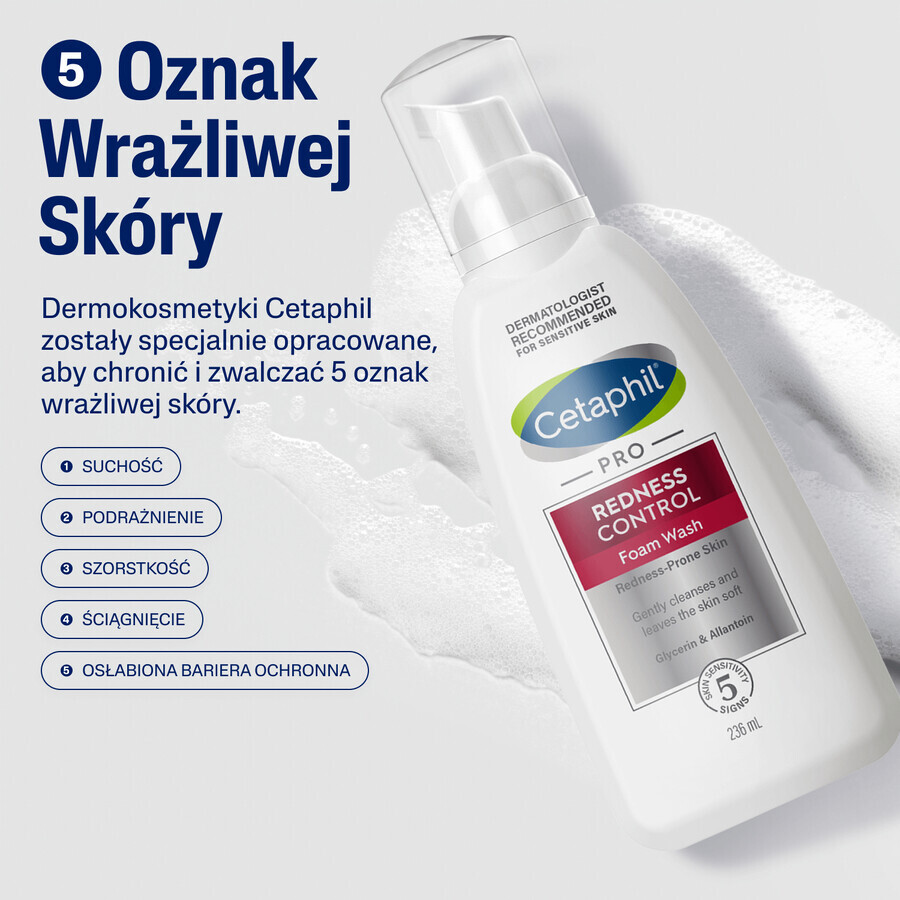 Cetaphil Pro Redness Control, schiuma detergente per il viso, pelle sensibile, 236 ml + crema idratante per il viso con acido ialuronico, crema notte, 48 ml in omaggio