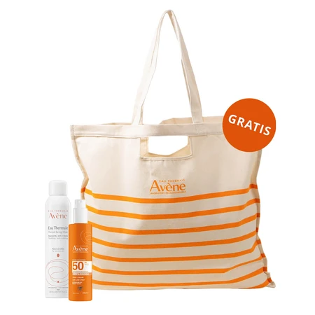 Avene Sun set, protección solar muy alta, spray, SPF 50+, 200 ml + agua termal para rostro y cuerpo, 300 ml + bolsa de playa gratuita