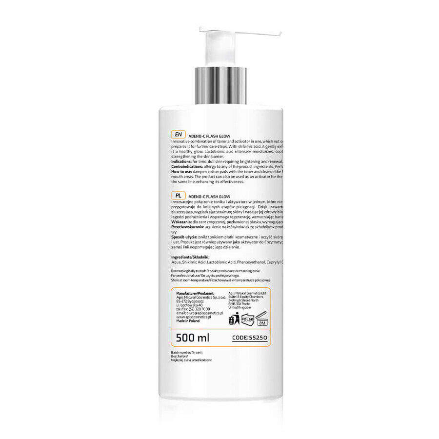 Apis Adeno-C Flash Glow, tonique illuminateur et activateur 2en1 avec acide shikimique et lactobionique, 500 ml