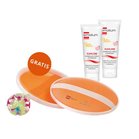 Emolium Suncare set, crema de protección mineral para niños desde el primer día y adultos, FPS 50+, 2 x 50 ml + juego de playa "atrapa la pelota" gratuito