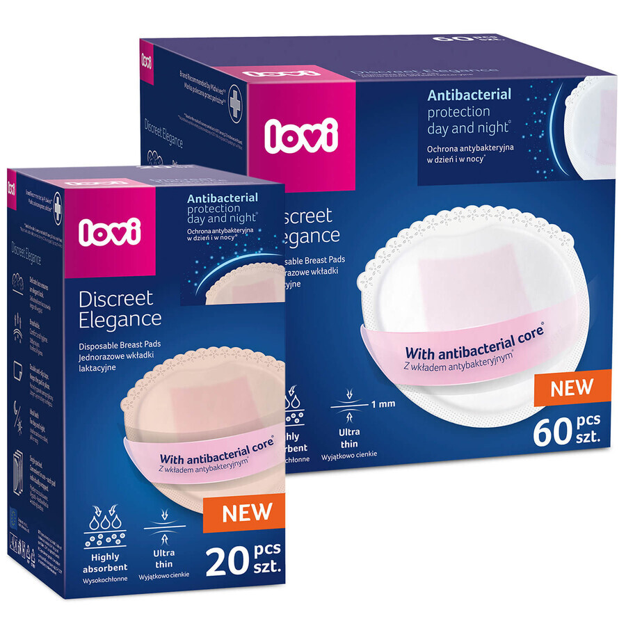 Lovi Discreet Elegance set, tampoane pentru sân, antibacteriene, alb, 60 bucăți + tampoane pentru sân, antibacteriene, bej, 20 bucăți