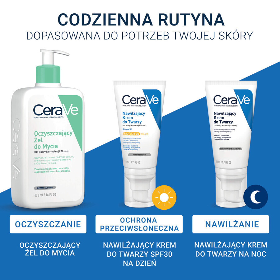Cerave set, moisturizing face cream, SPF 30, 52 ml + cleansing washing gel with ceramides, normal and oily skin, 236 ml