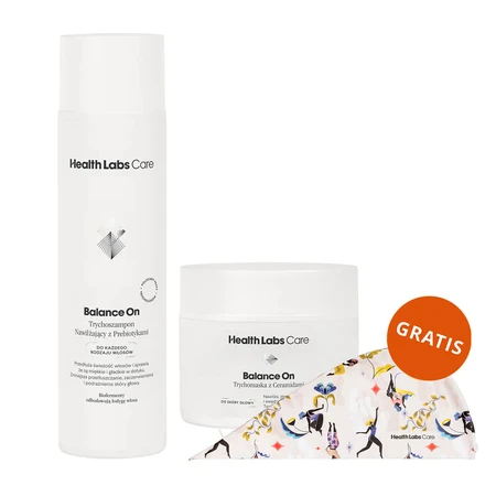 Health Labs Balance On kit, hydraterende trichome shampoo met prebiotica, 250 ml + trichome met ceramiden voor hoofdhuid, 175 ml + gratis haartulband