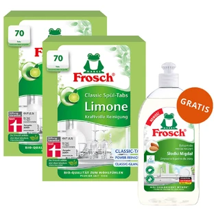 Frosch Set, Spülmaschinentabs, Classic, Limette, 2 x 70 Stück + Spülmittel, Mandel, 500 ml gratis