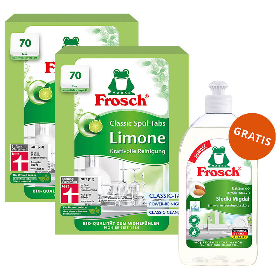 Set Frosch, Pastilles pour lave-vaisselle, Classic, lime, 2 x 70 pcs + liquide vaisselle, amande, 500 ml gratuit