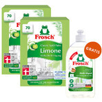 Set Frosch, Pastilles pour lave-vaisselle, Classic, lime, 2 x 70 pcs + liquide vaisselle, amande, 500 ml gratuit Set Frosch, Pastilles pour lave-vaisselle, Classic, lime, 2 x 70 pcs + liquide vaisselle, amande, 500 ml gratuit