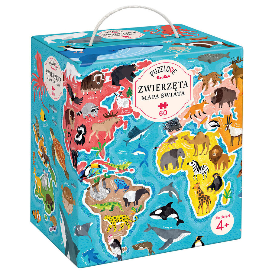 CzuCzu Puzzlove Animaux Carte du Monde, puzzle pour enfants, à partir de 4 ans, 60 éléments