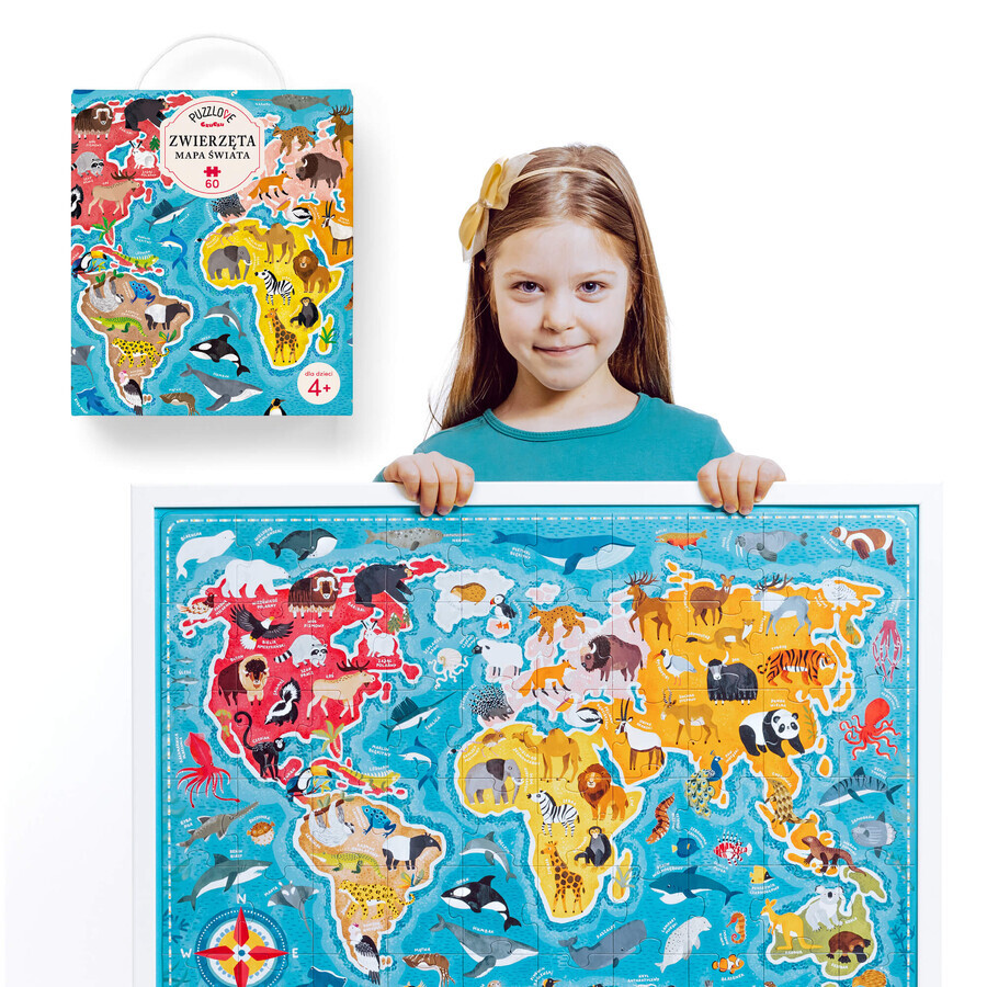 CzuCzu Puzzlove Animaux Carte du Monde, puzzle pour enfants, à partir de 4 ans, 60 éléments