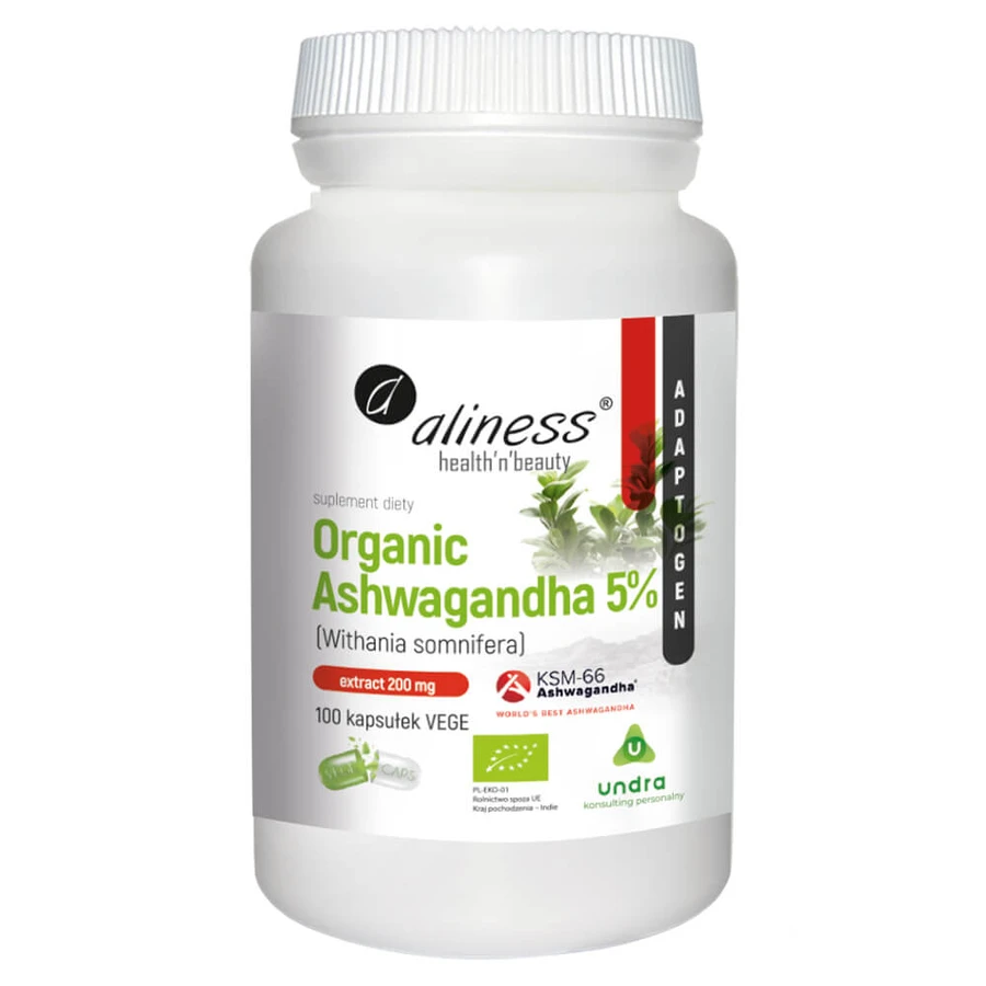 Aliness Bio Ashwagandha KSM-66, 5% Vitanolide, 100 pflanzliche Kapseln