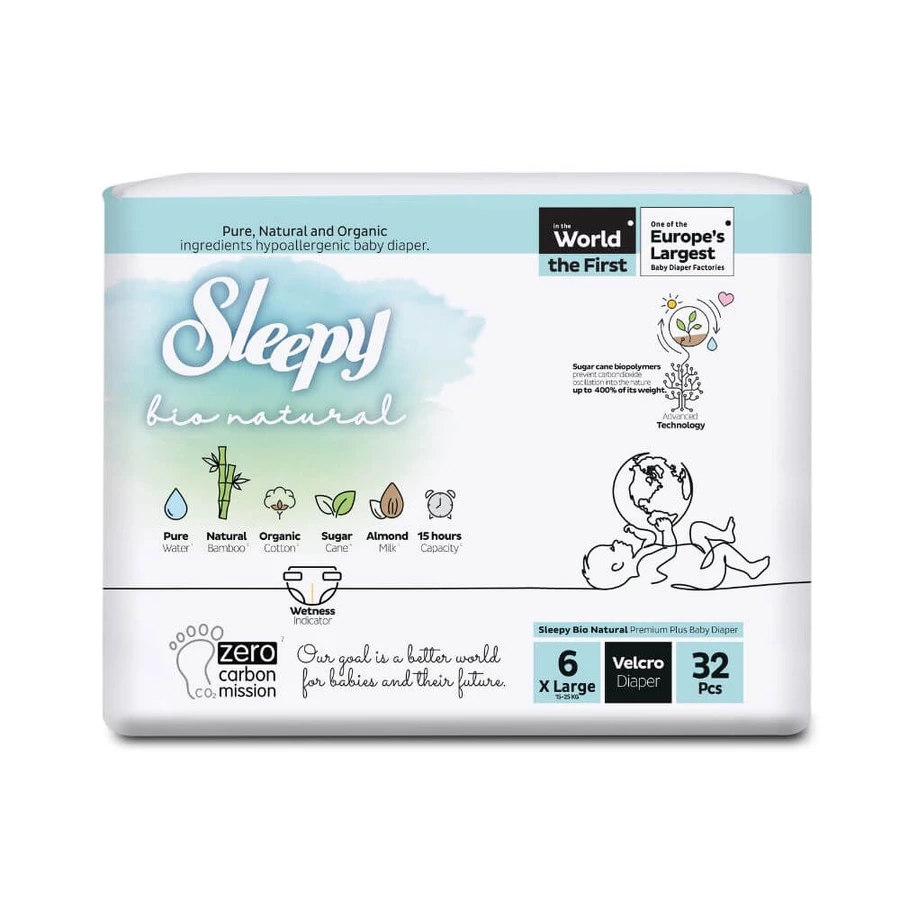 Couches pour bébés, No. 6, 15-25 kg, 32 pcs, Sleepy Bio Natural