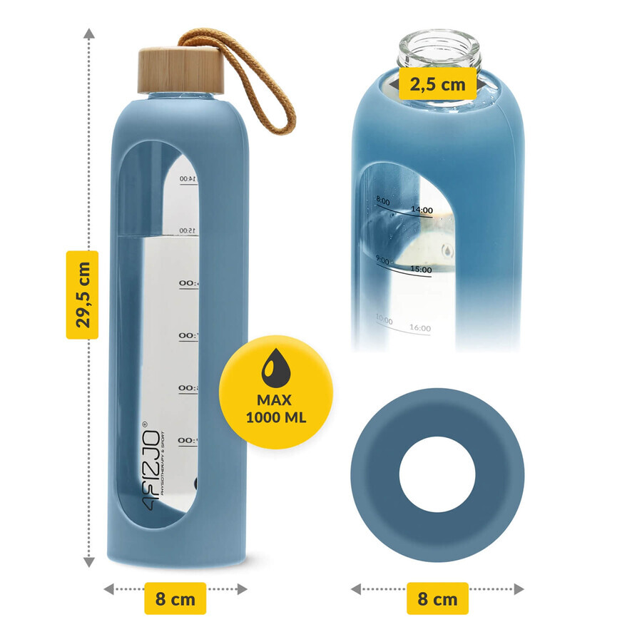 4Fizjo, botella de agua de vidrio en funda de silicona, motivacional, azul, 1 l