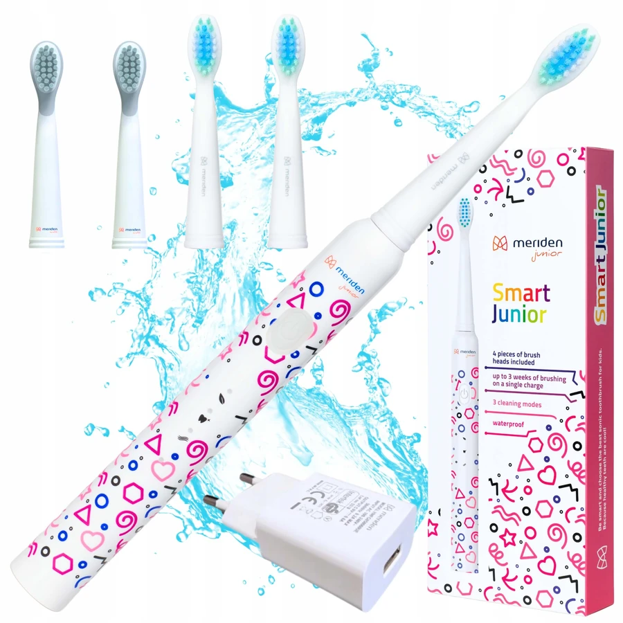 Meriden Smart Junior Pink, Schallzahnbürste für Kinder, rosa, ab 5 Jahren, 1 Stück + Ersatzaufsätze, 4 Stück