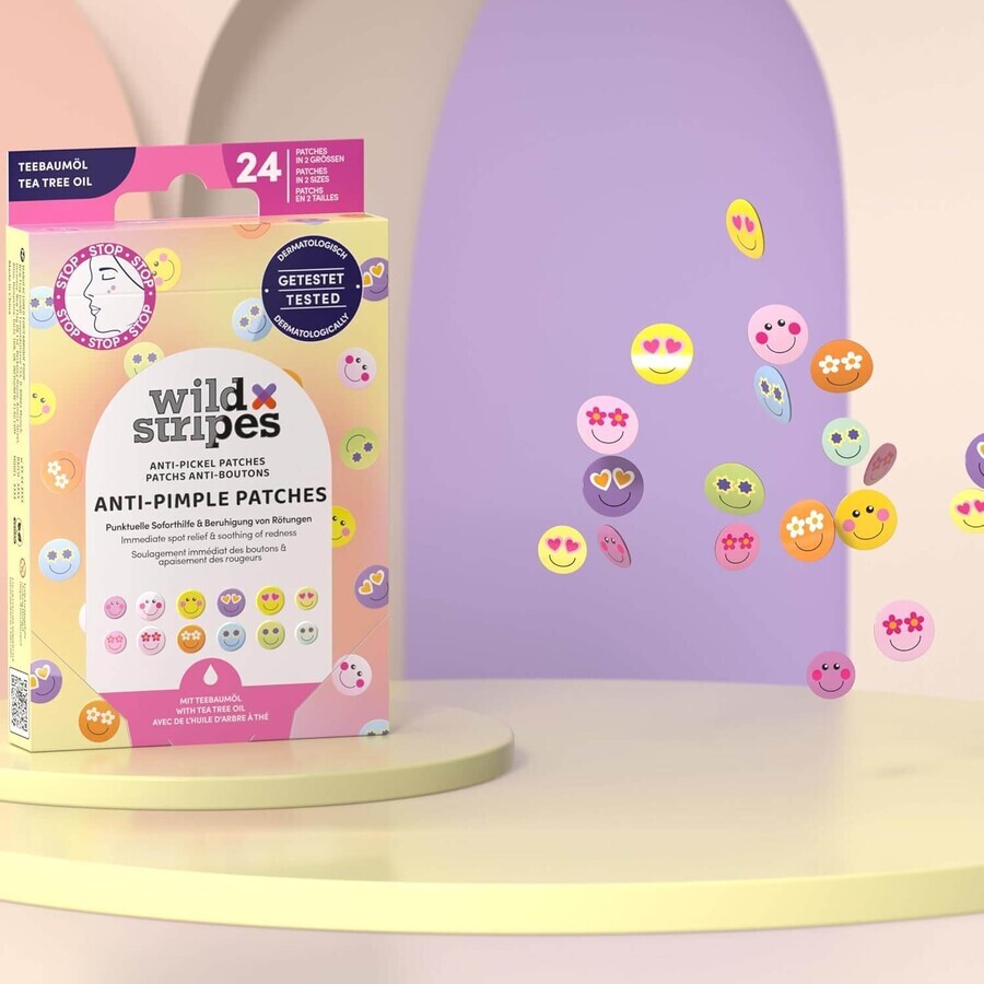 Wild Stripes Anti-Pickel-Pflaster Smile Stop, Ekzempflaster mit Teebaumöl, 24 Stück