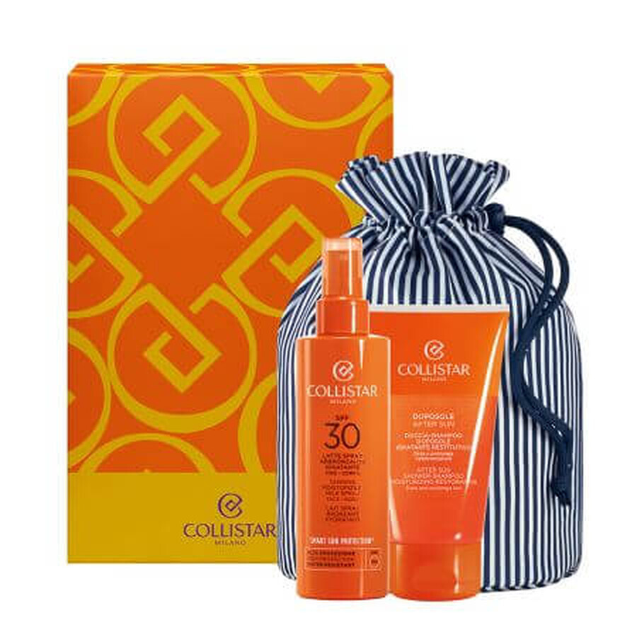 Set Protector Solar Spray con SPF30 200ml + Champú y Gel de Ducha After Sun 150ml + Bolsa Textil, Collistar
