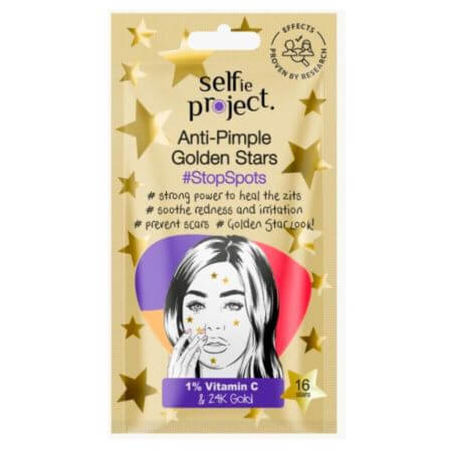 Gouden sterpleisters tegen puistjes, 16 stuks, Selfie Project