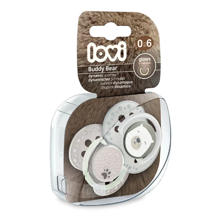 Lovi, fopspeen, silicone, dynamisch, Buddy Beer, 0-6 maanden, 2 stuks