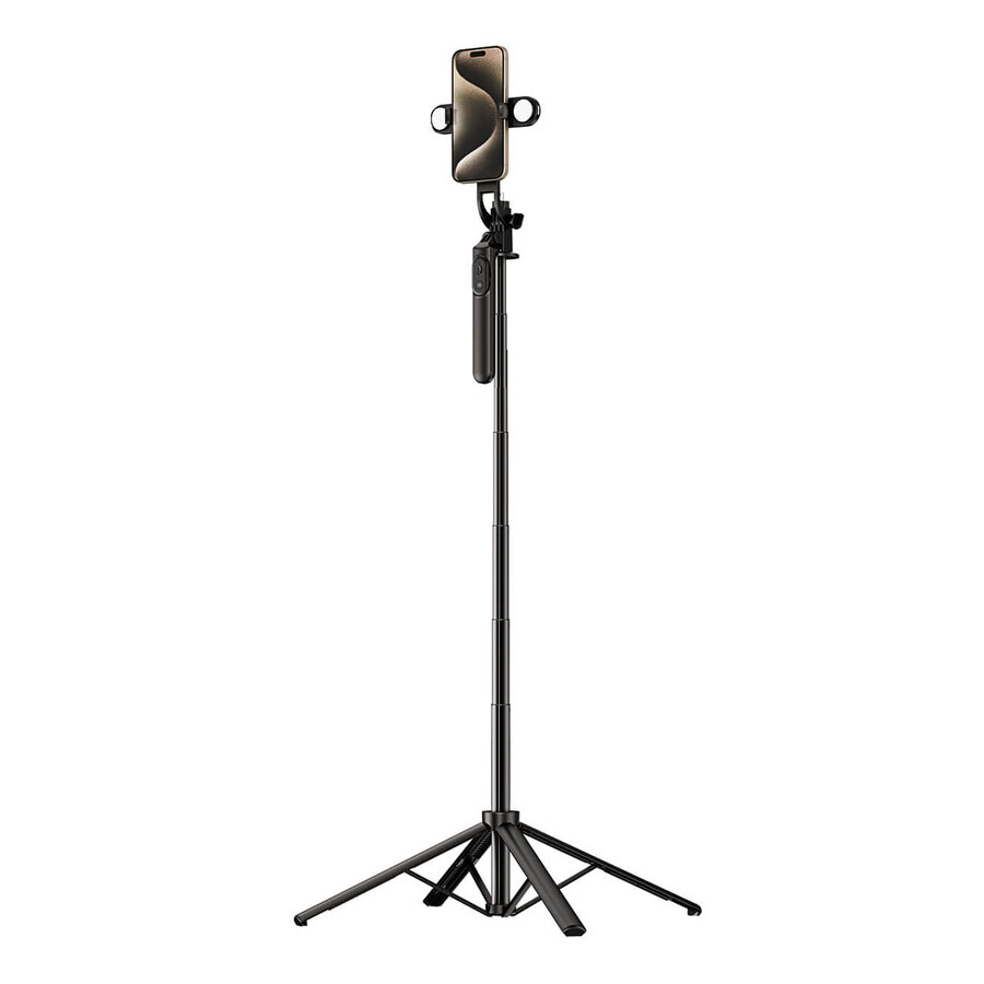 Selfie stick WH181D-Y1S telescopisch 1,75 m statief van aluminiumlegering met dubbel licht en telefoonhouder - zwart