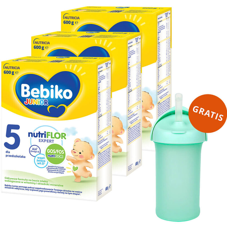 Bebiko Junior 5 Nutriflor Expert set, nutritious milk-based formula, for preschooler, 3 x 600 g + Boon, Swig straw bottle, 265 ml free of charge